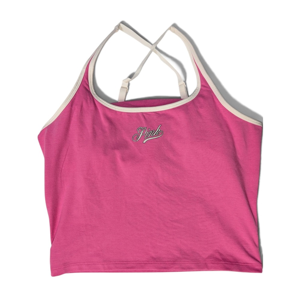 PINK Victorias Secret Womens Cami Tank Top XL Shelf Bra Logo Pink White
